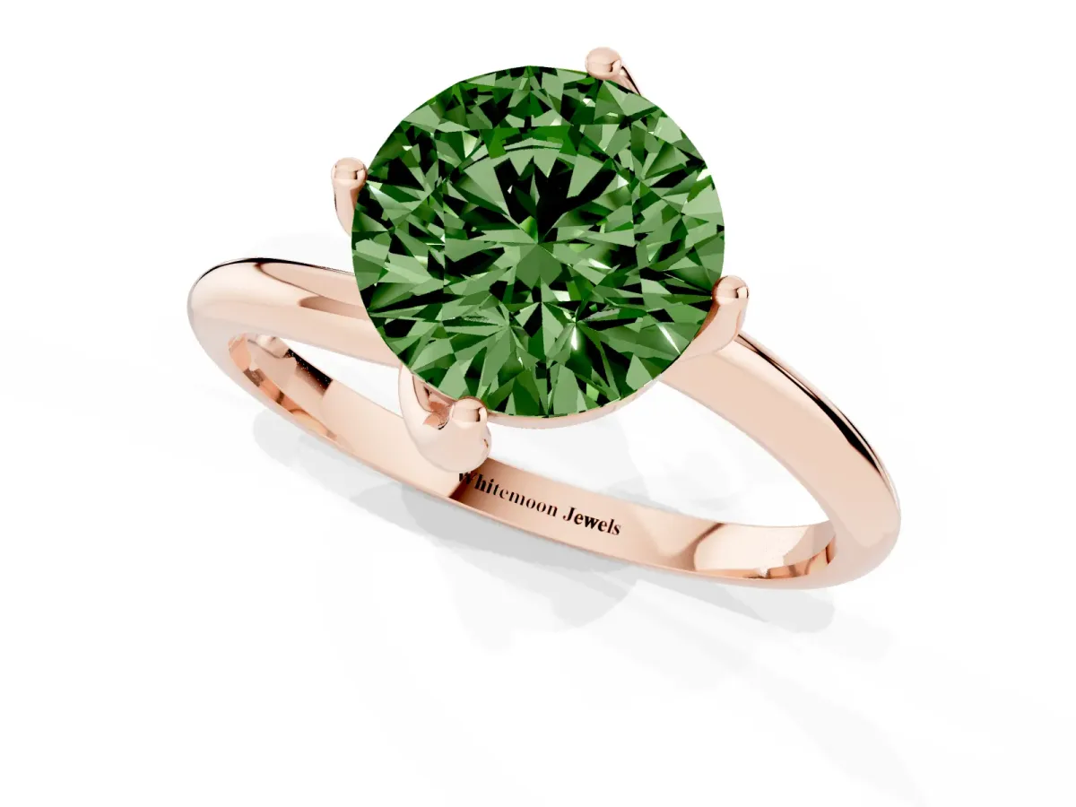 Fancy Green Round Cut Diamond Solitaire Engagement Ring with Four-Prong Setting and Classic Band Rose gold