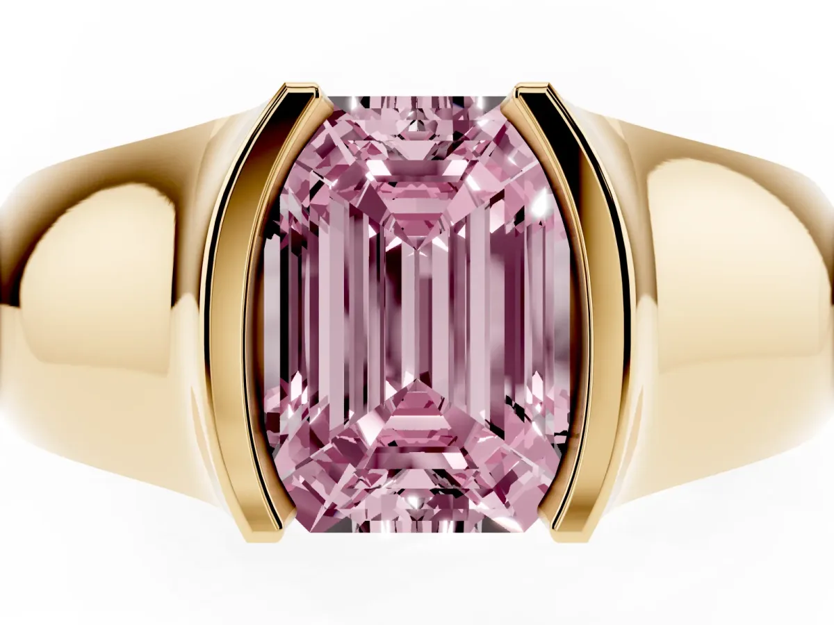 Fancy Pink Emerald Cut Solitaire Bezel Set Diamond Ring with Wide Band Yellow gold