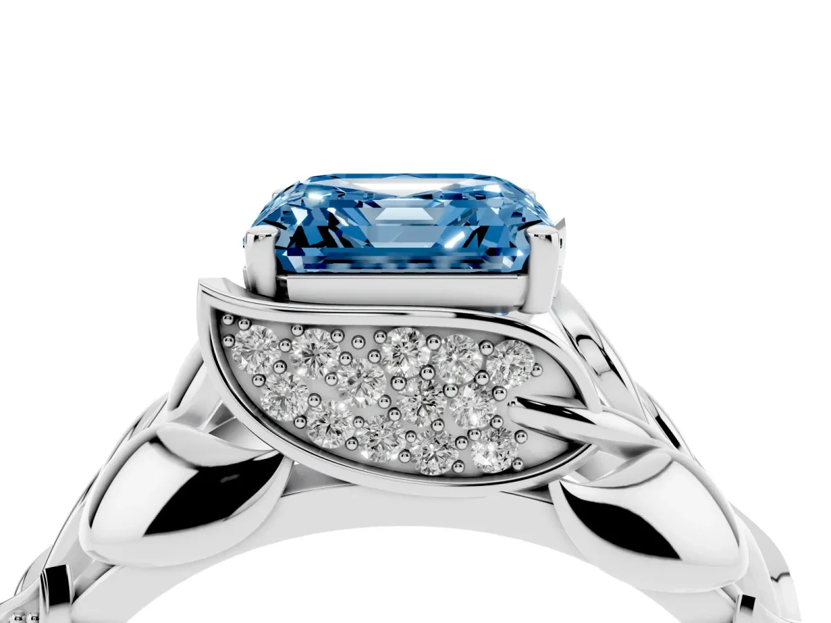 Fancy Blue Asscher Cut Diamond Leaf-Inspired Engagement Ring with Round Accents and Prong Setting Silver