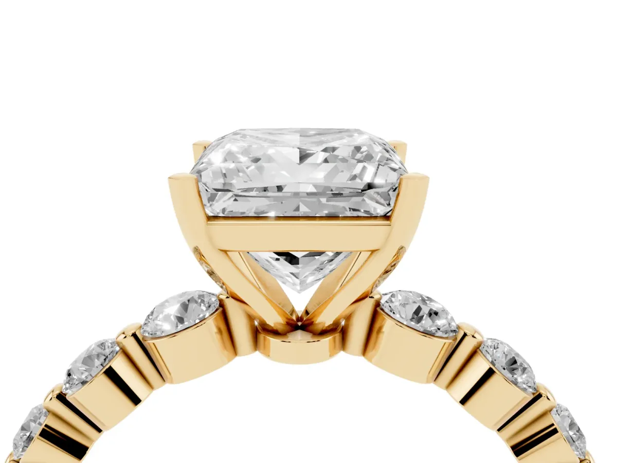 Princess Cut Solitaire Diamond Ring with Pave Band and Four-Prong Setting Yellow gold