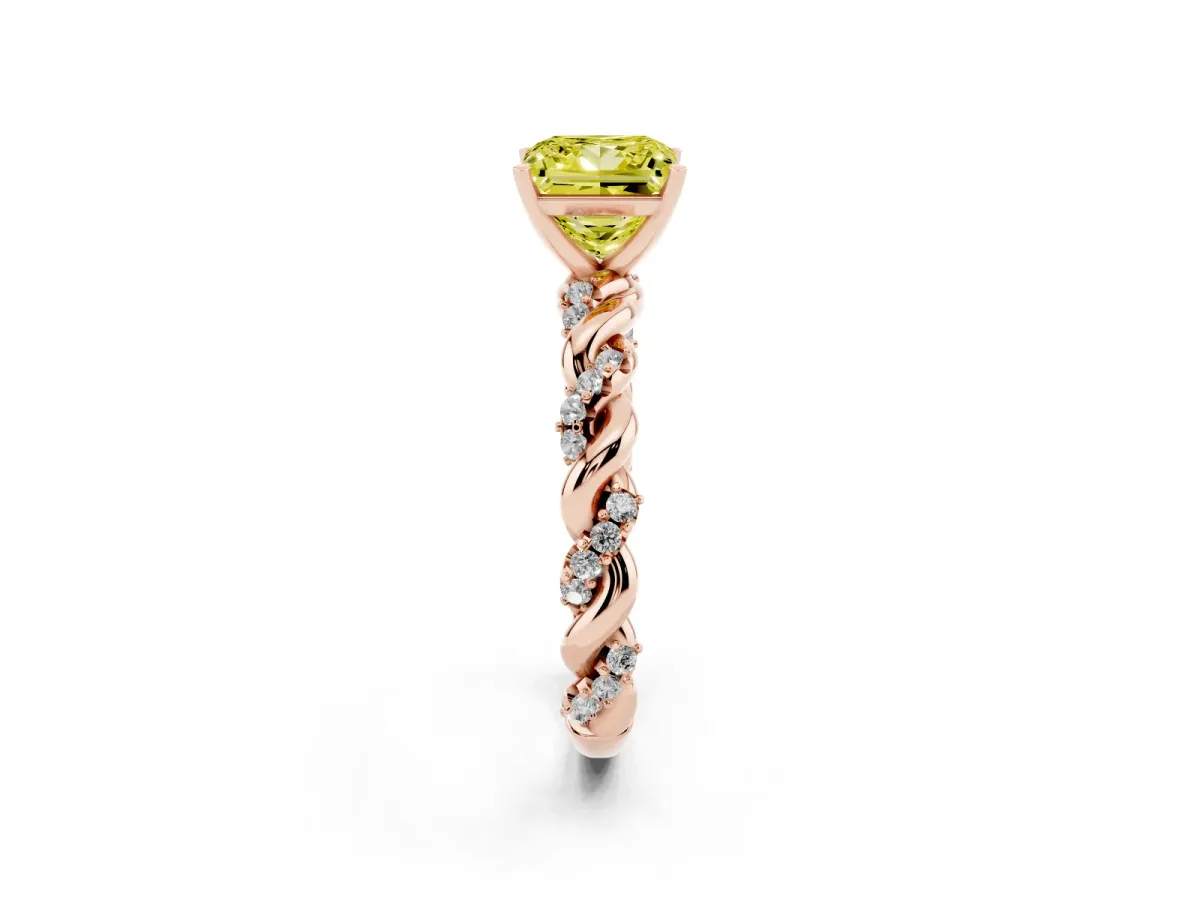 Fancy Yellow Princess Cut Diamond Solitaire Ring with Twisted Band and Pavé Accents Rose gold