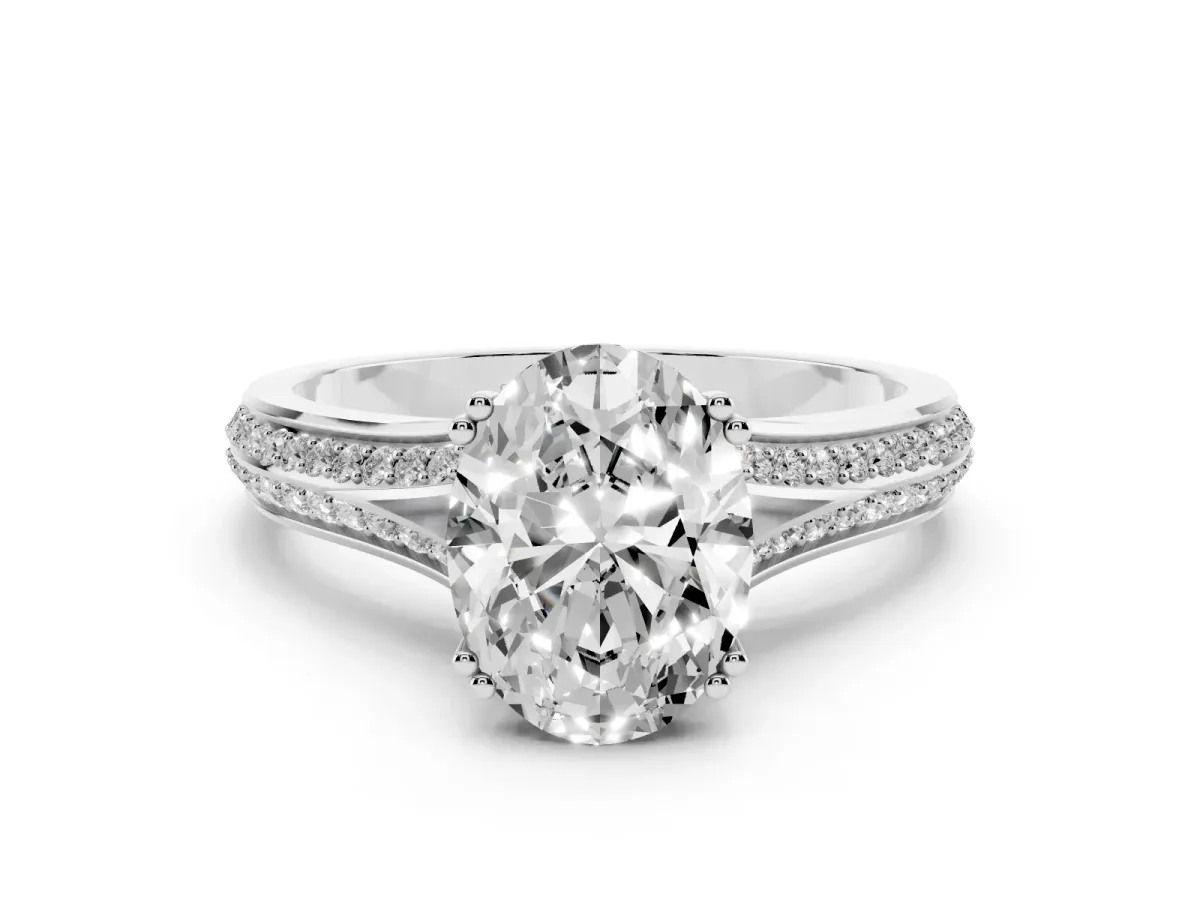 Oval Cut Diamond Split Shank Engagement Ring with Pavé Band White gold