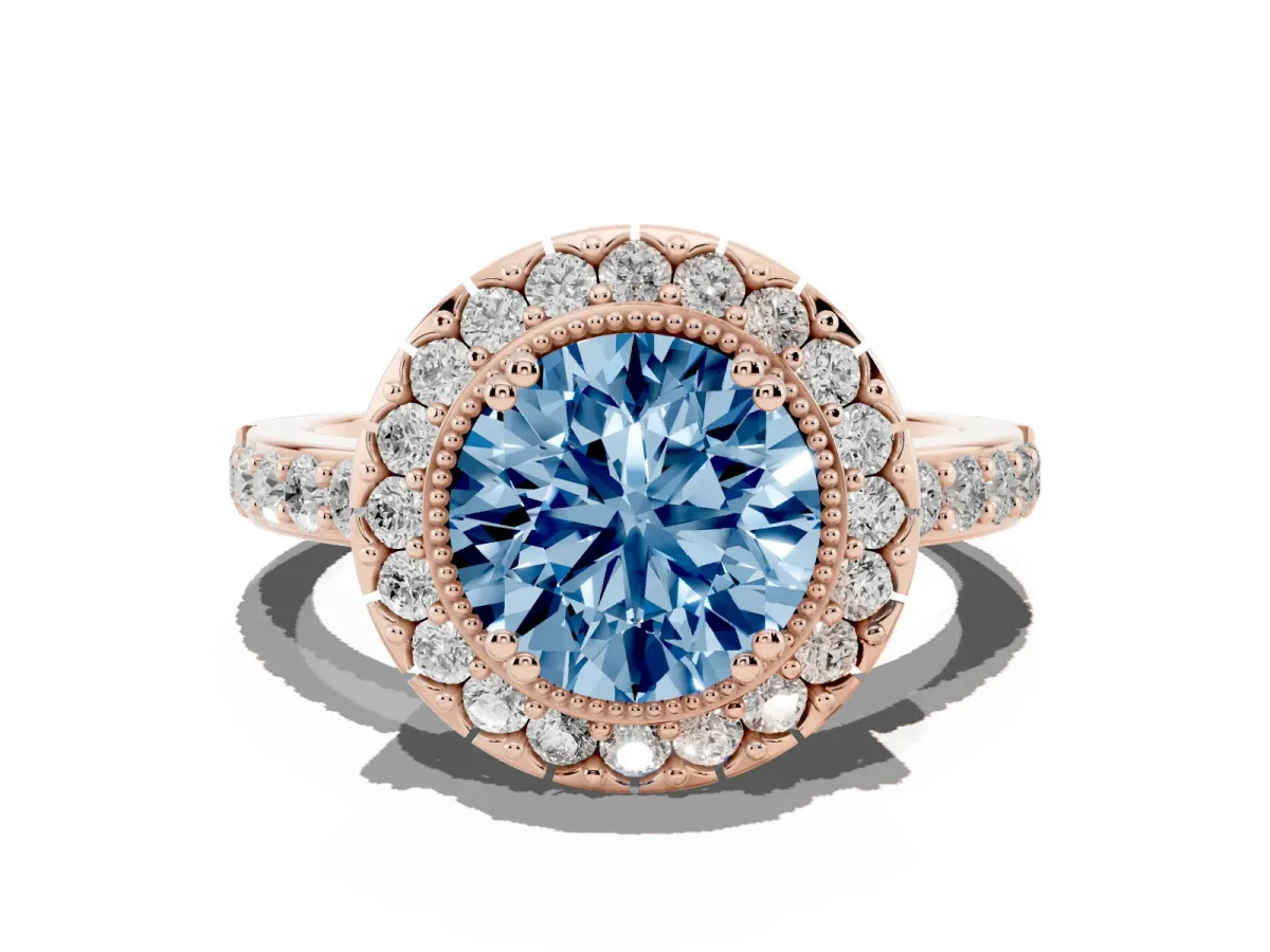 Fancy Blue Round Cut Diamond Halo Ring with Pavé Band and Prong Setting Rose gold