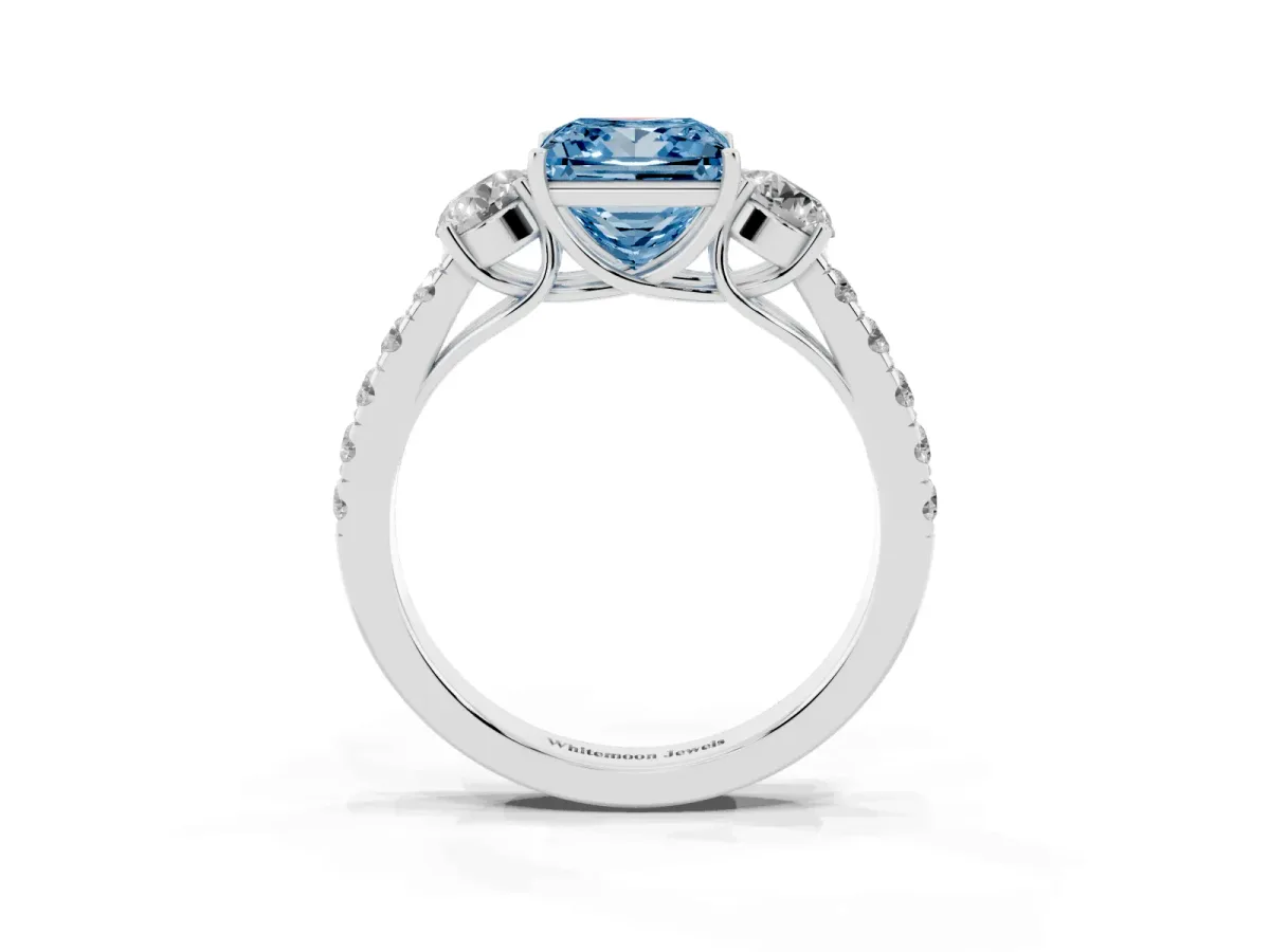 Fancy Blue Princess Cut Cut Diamond Three-Stone Ring with Round Side Stones and Pavé Band Platinum