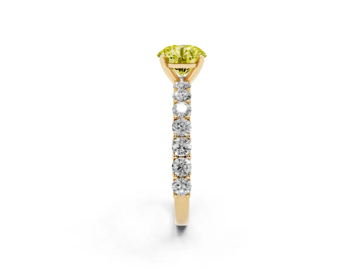 Fancy Yellow Round Cut Diamond Solitaire Ring with Shared Prong Pavé Band and Four-Prong Setting Yellow gold