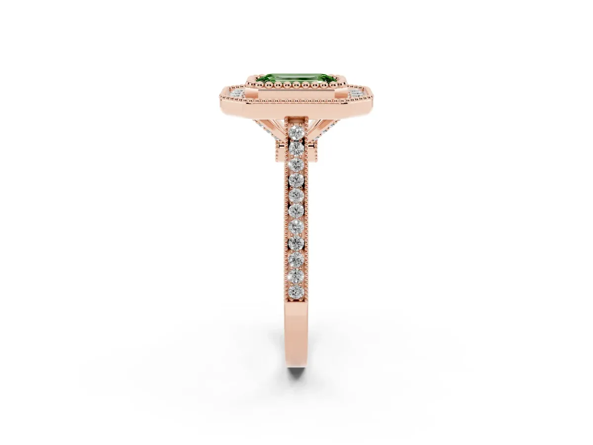 Fancy Green Emerald Cut Diamond Halo Ring with Milgrain Frame and Pavé Band Rose gold