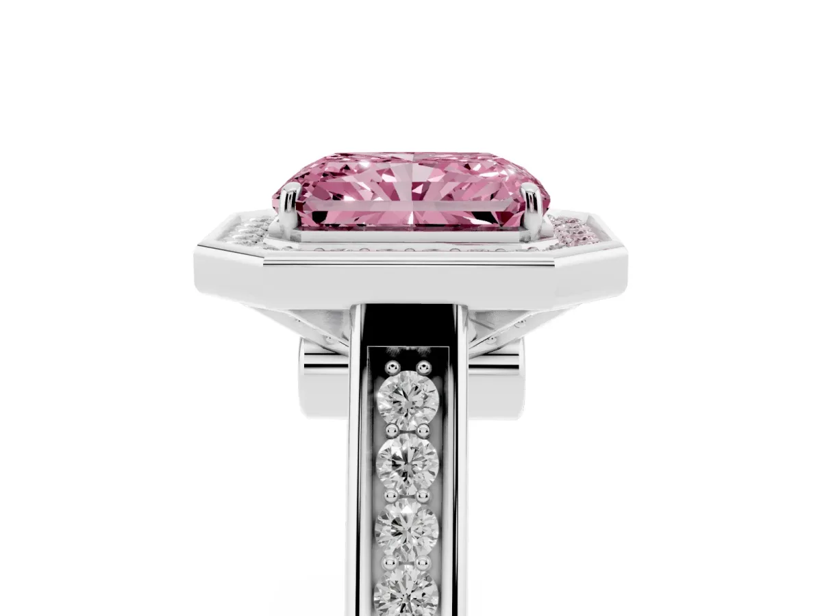 Fancy Pink Radiant Cut Halo Solitaire Diamond Ring with Pave Band and Bezel Setting White gold