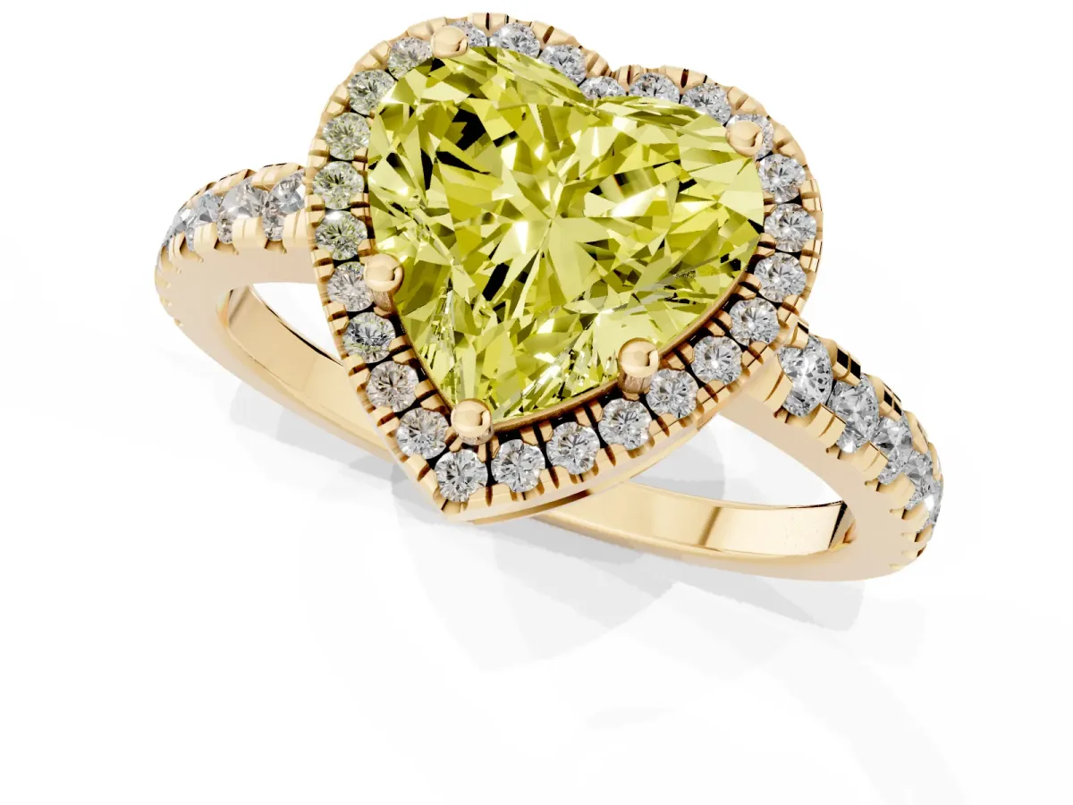 Fancy Yellow Heart Cut Diamond Halo Ring with Pavé Band and Four-Prong Setting Yellow gold