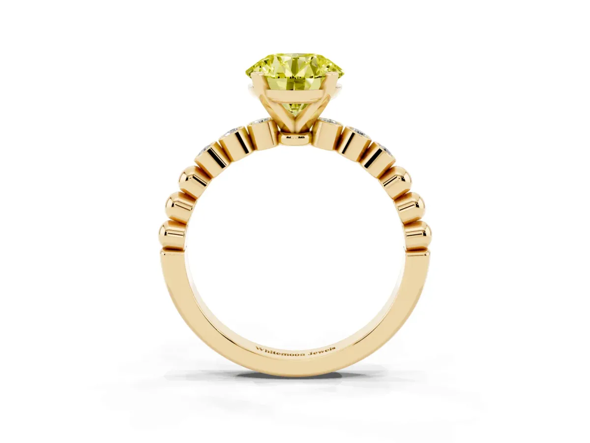 Fancy Yellow Round Cut Solitaire Bezel Accent Diamond Engagement Ring with Beaded Band and Four-Prong Setting Yellow gold