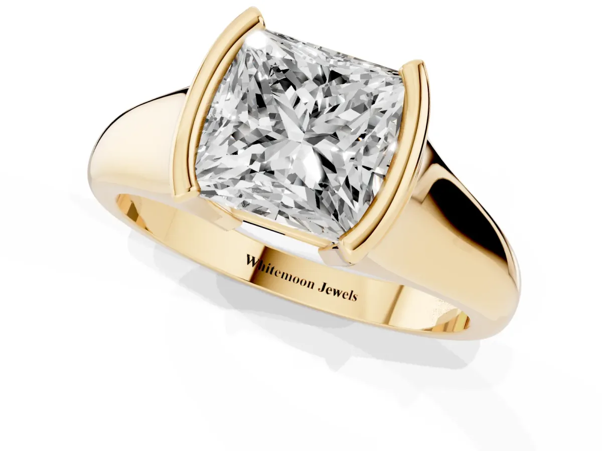Princess Cut Solitaire Tension Set Diamond Ring with Split Shank Band Yellow gold