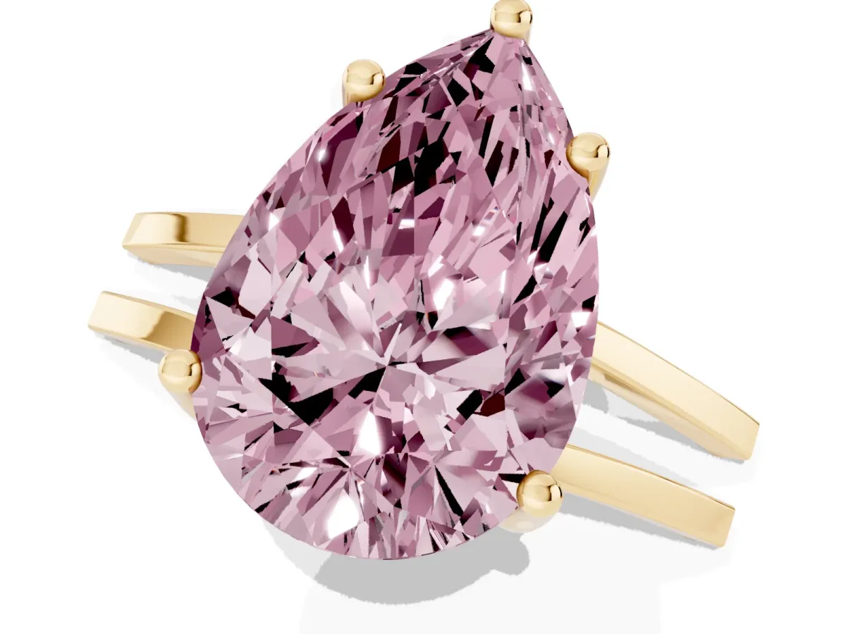 Fancy Pink Pear Cut Cut Diamond Solitaire Engagement Ring with Tapered Plain Band and Four-Prong Setting Yellow gold