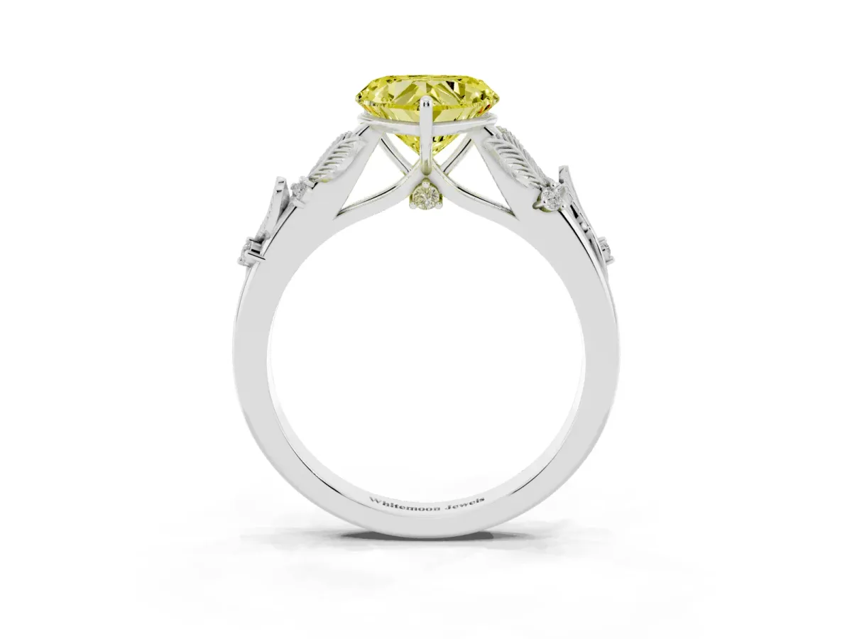 Fancy Yellow Heart Cut Diamond Solitaire Ring with Leaf Motif Band and Four-Prong Setting Silver