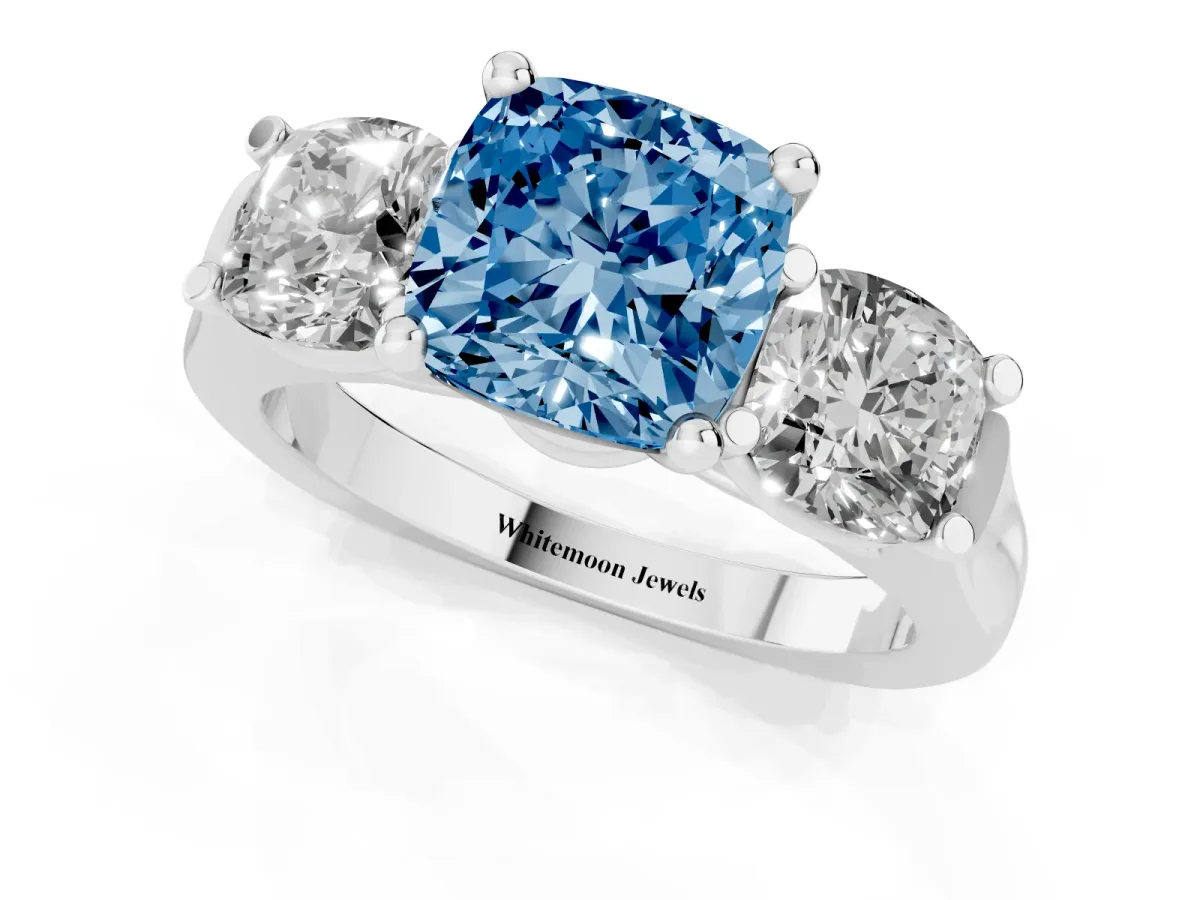 Fancy Blue Three-Stone Cushion Cut Brilliant Diamond Trellis Ring with Comfort Fit Band Platinum