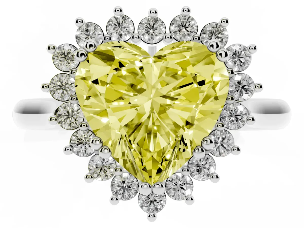 Fancy Yellow Heart Cut Cut Diamond Halo Ring with Solitaire Band and Prong Setting White gold