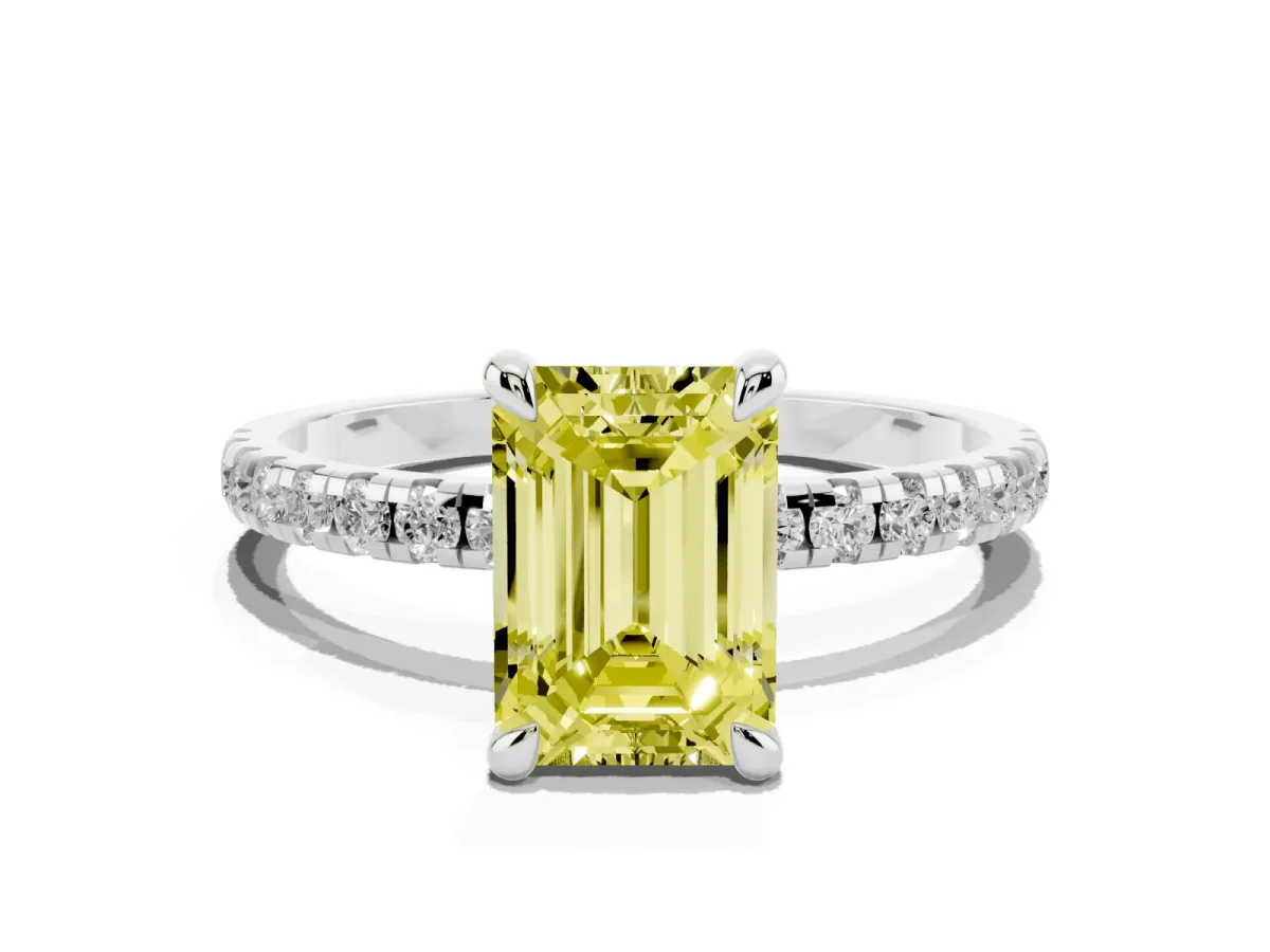 Fancy Yellow Emerald Cut Diamond Brilliant Solitaire Ring with Pavé Band and Four-Prong Setting White gold