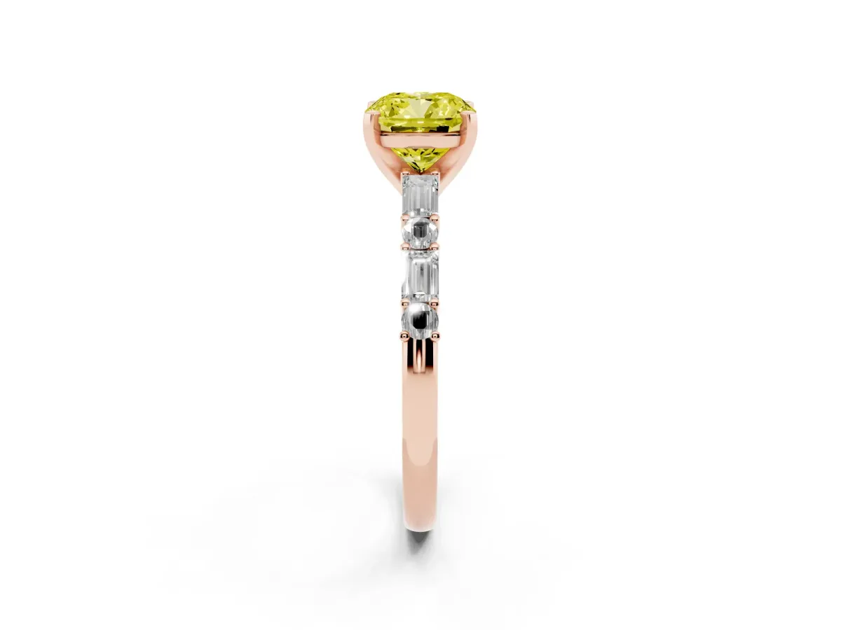 Fancy Yellow Cushion Cut Diamond Solitaire with Side Baguettes and Channel Set Band Rose gold