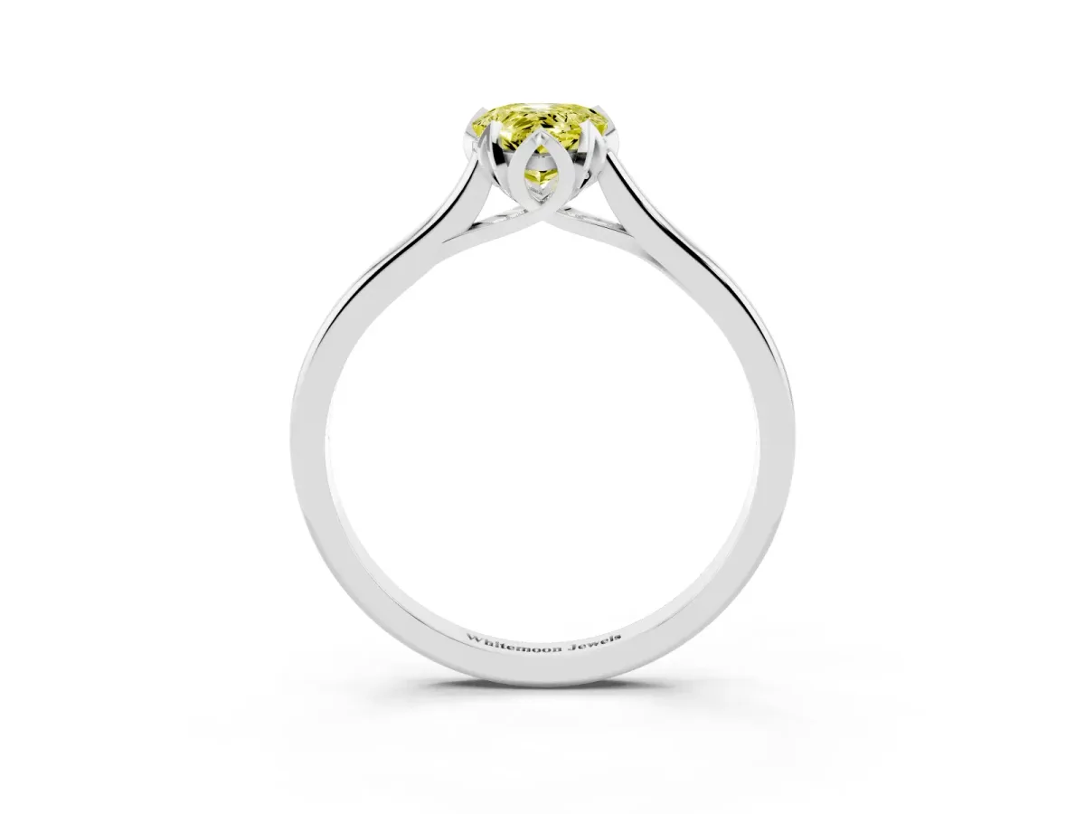 Fancy Yellow Pear Cut Diamond Solitaire Ring with Flower Prong Setting and Classic Band Silver