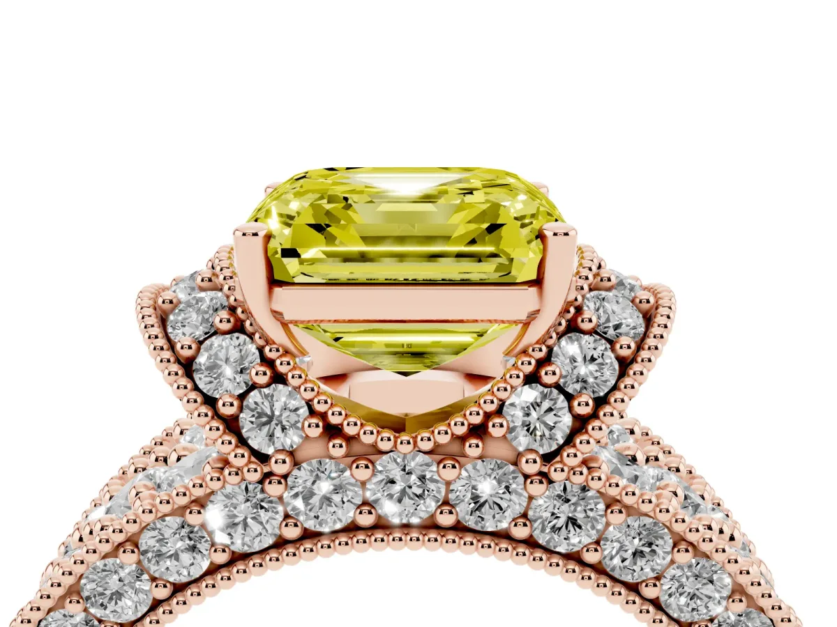 Fancy Yellow Asscher Cut Halo Pave Diamond Engagement Ring with Milgrain Detailing Rose gold