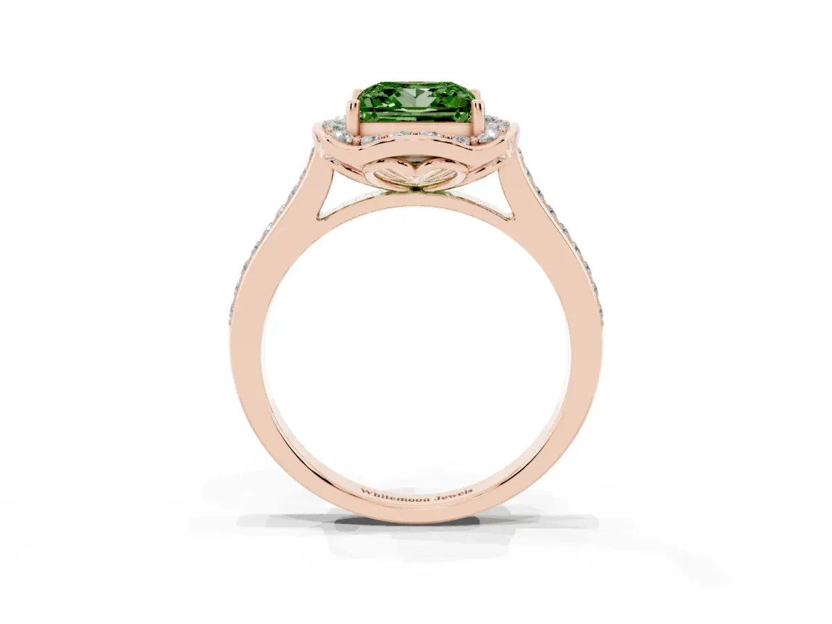 Fancy Green Princess Cut Halo Round Diamond Pave Band with Four-Prong Setting Rose gold
