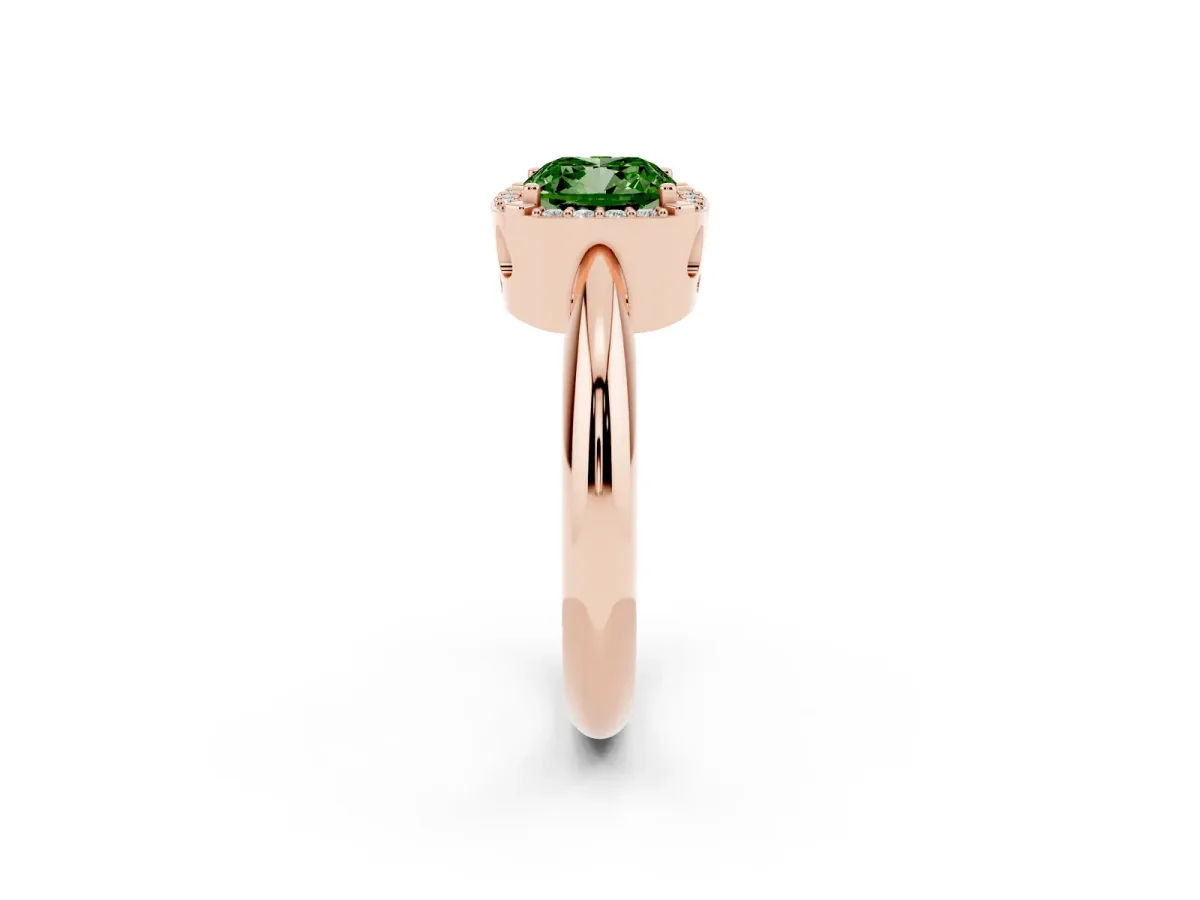 Fancy Green Cushion Cut Cut Diamond Halo Engagement Ring with Split Shank and Four-Prong Setting Rose gold