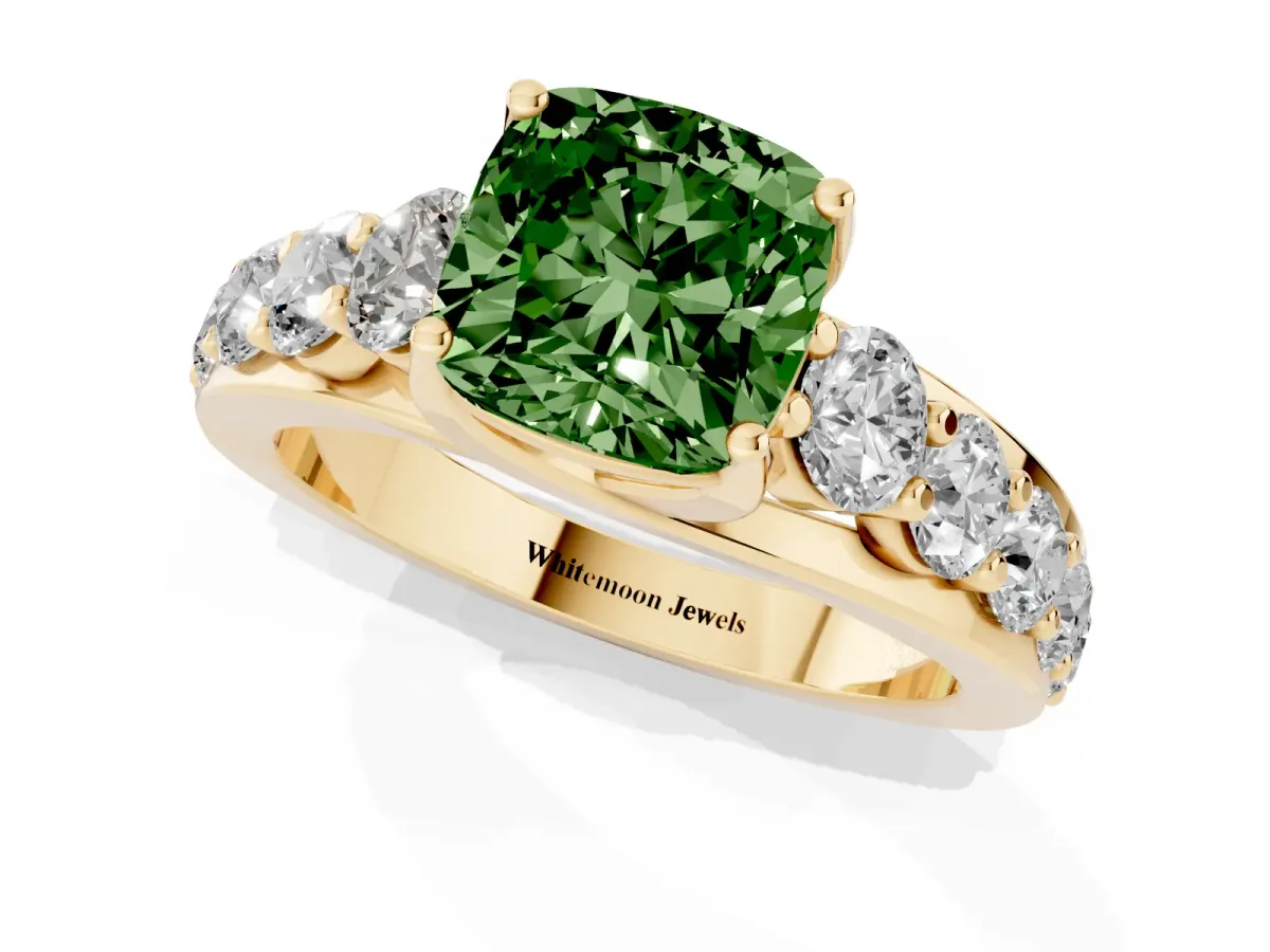 Fancy Green Cushion Cut Diamond Engagement Ring with Pavé Band and Four-Prong Setting Yellow gold