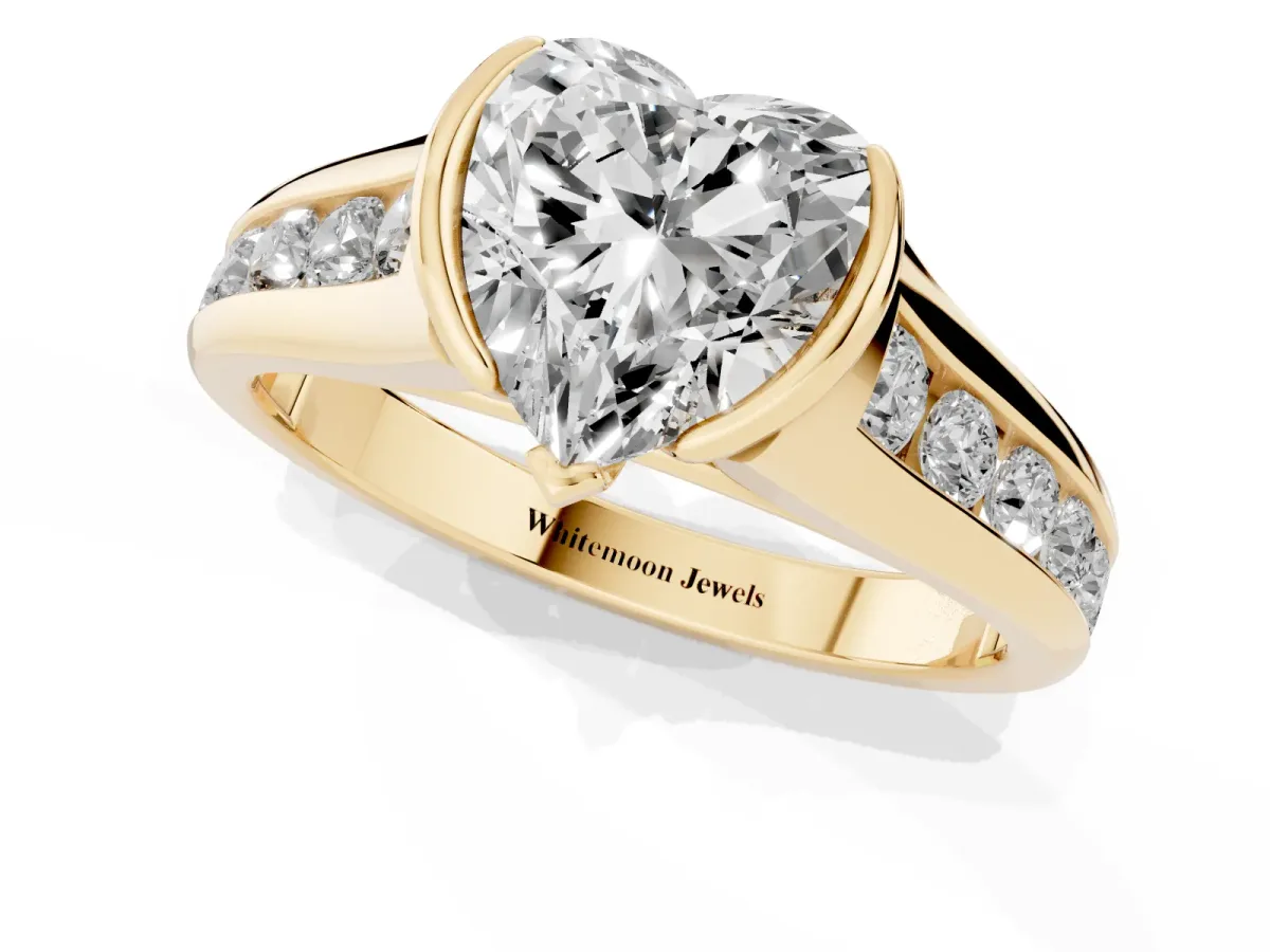 Heart Cut Solitaire Bezel-Set Diamond Ring with Channel-Set Band Yellow gold