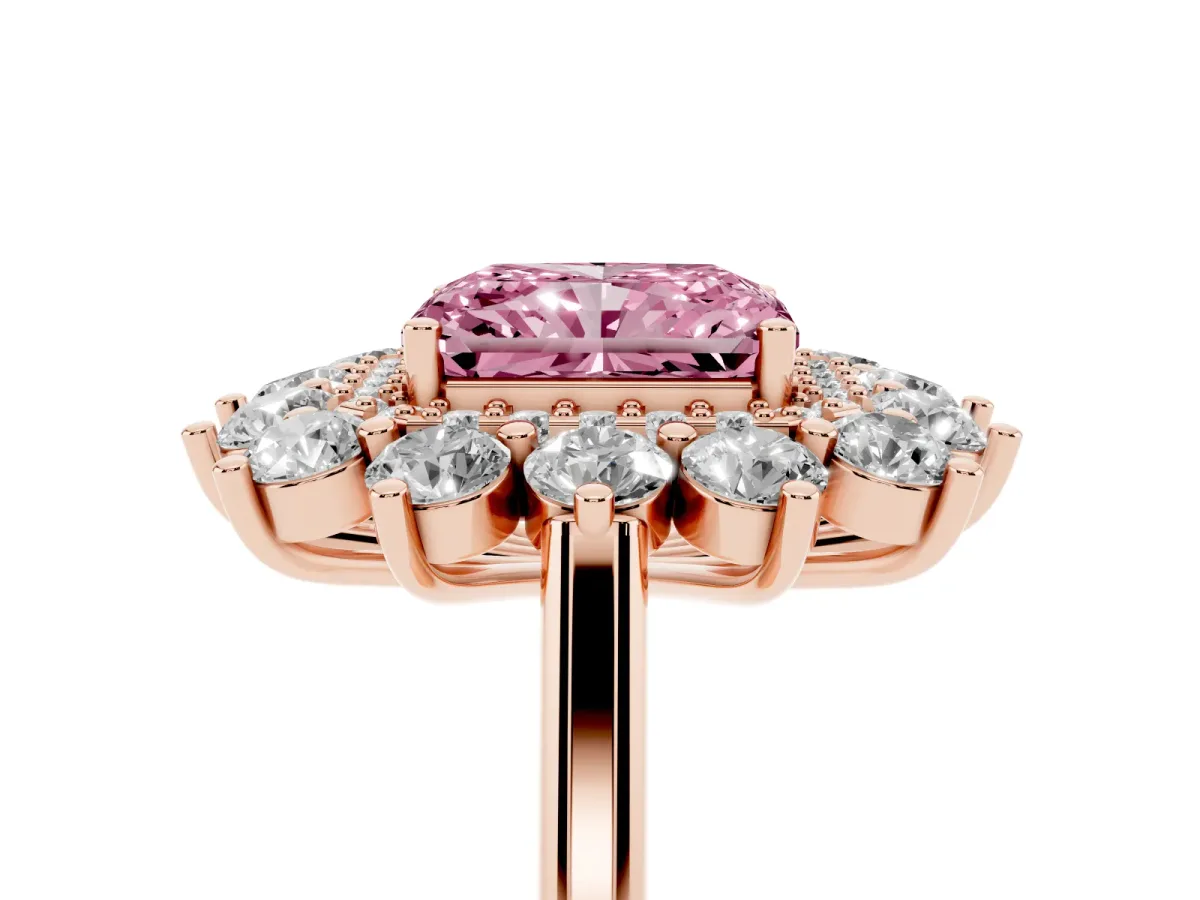 Fancy Pink Radiant Cut Diamond Floral Double Halo Engagement Ring with Prong Setting Rose gold