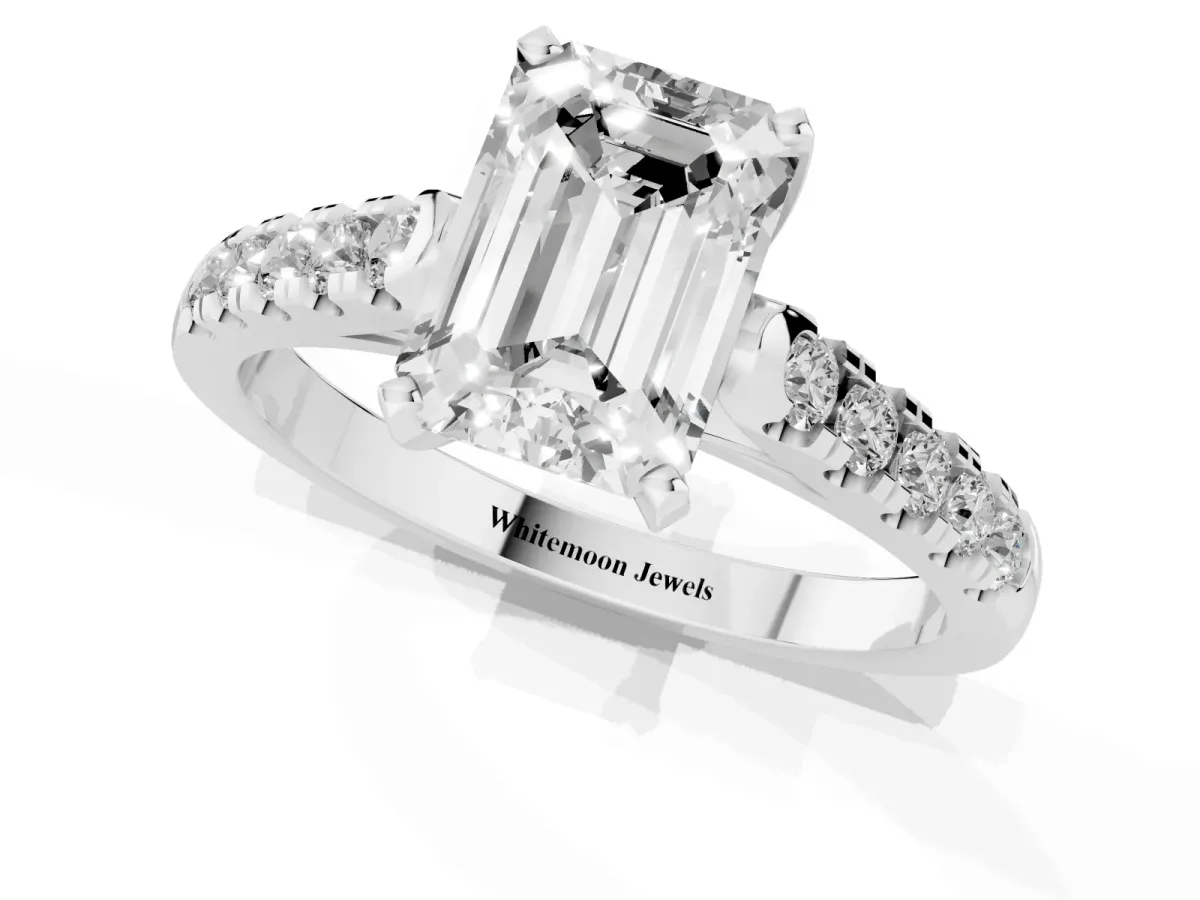 Emerald Cut Diamond Pavé Band Solitaire Ring with Prong Setting Silver