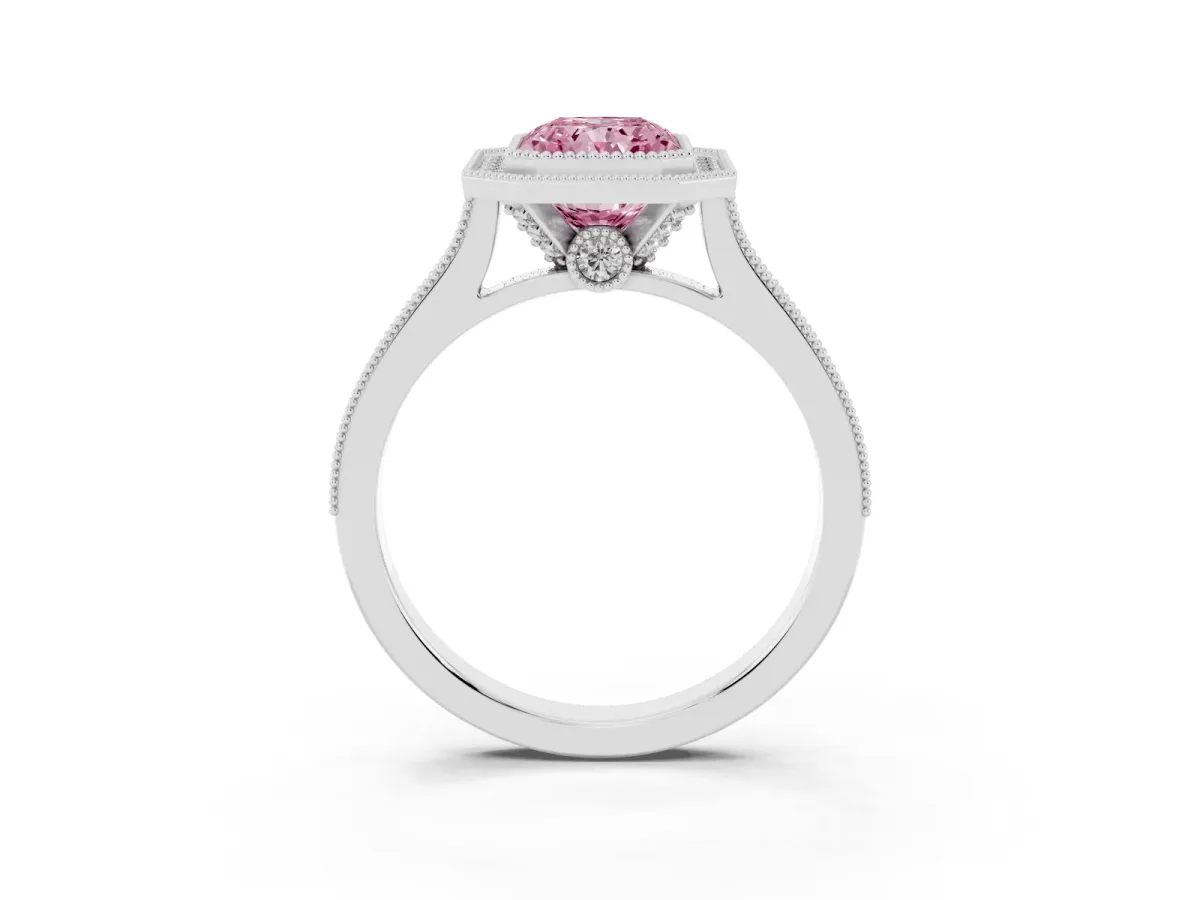 Fancy Pink Halo Radiant Cut-Cut Diamond Pave Band Milgrain Prong Setting Ring Silver