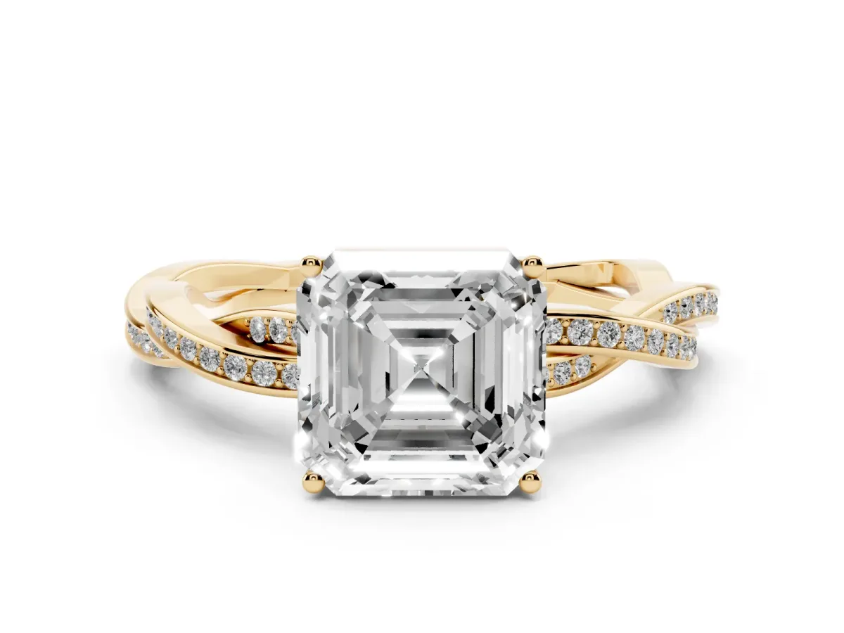 Asscher Cut Solitaire Twisted Pave Diamond Ring with Four-Prong Setting Yellow gold