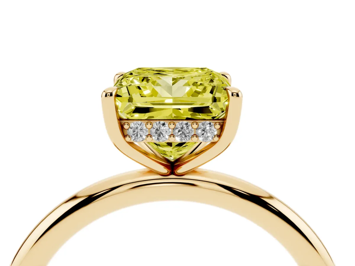 Fancy Yellow Princess Cut Diamond Solitaire Ring with Thin Band and Four-Prong Setting Yellow gold