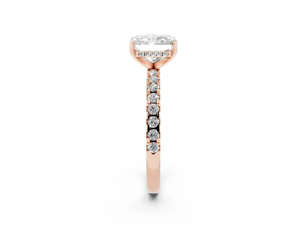 Radiant Cut Diamond Solitaire Ring with Round Pavé Band and Four-Prong Setting Rose gold