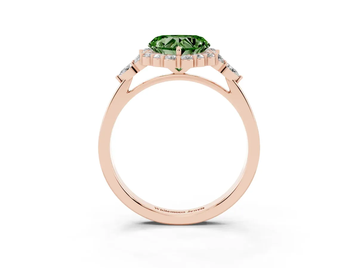 Fancy Green Heart Cut Diamond Halo Ring with Pear Side Stones and Prong Setting Rose gold