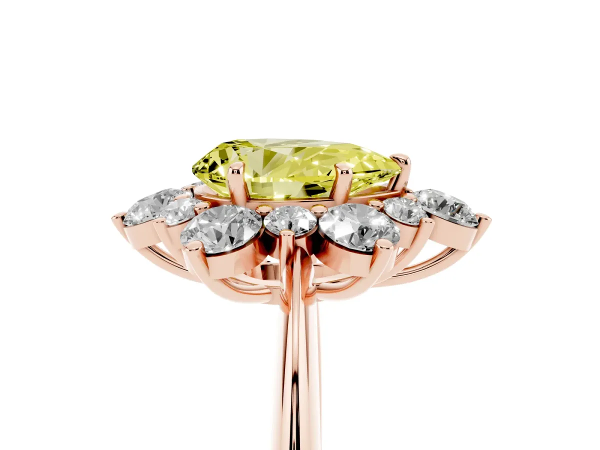 Fancy Yellow Pear Cut Diamond Cluster Halo Ring with Solitaire Band and Four-Prong Setting Rose gold