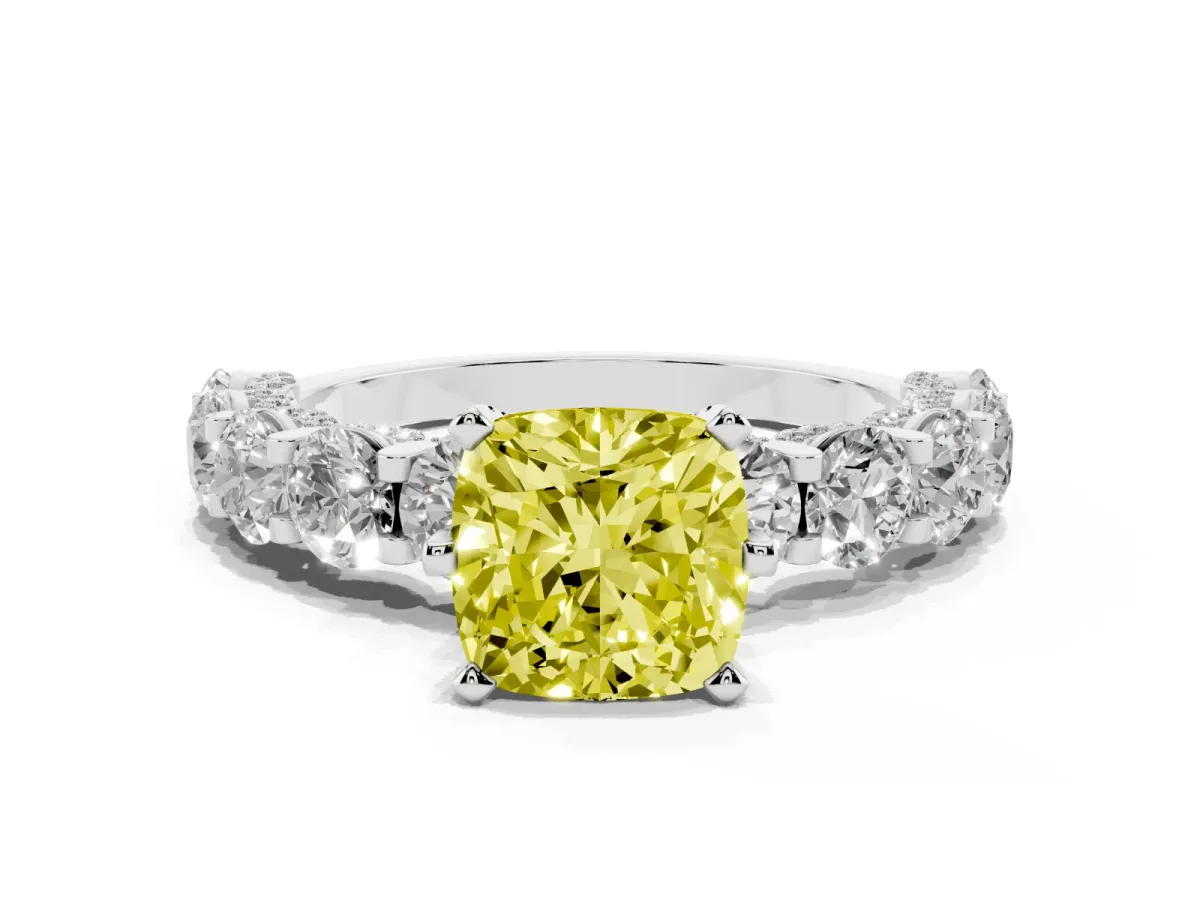 Fancy Yellow Cushion Cut Diamond Side Stone Engagement Ring with Four-Prong Setting White gold