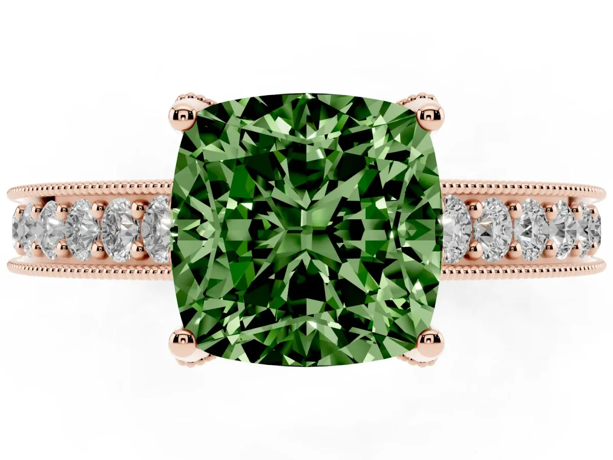 Fancy Green Cushion Cut Cut Diamond Solitaire Ring with Milgrain Pave Band and Four Prong Setting Rose gold