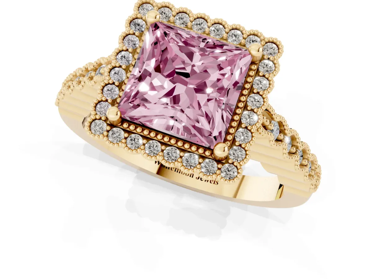 Fancy Pink Princess Cut Cut Halo Pavé Solitaire Ring with Milgrain Band Yellow gold