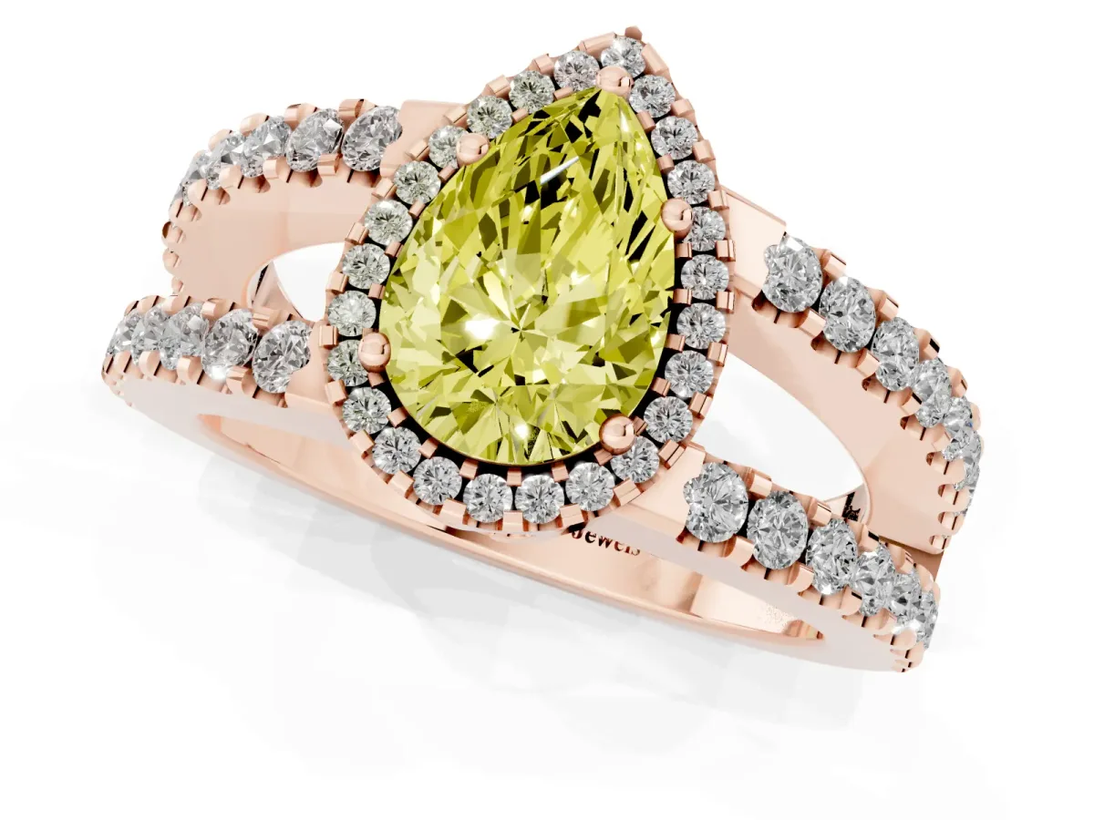 Fancy Yellow Pear Cut Cut Halo Split Shank Diamond Ring with Four-Prong Setting Rose gold