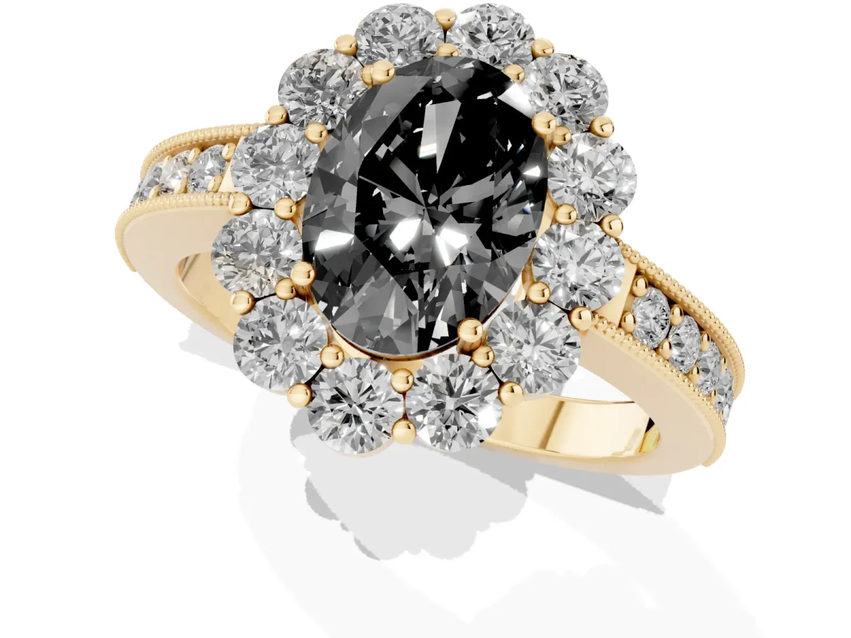 Fancy Black Oval Cut Cut Halo Diamond Pavé Engagement Ring with Milgrain Detailing Yellow gold