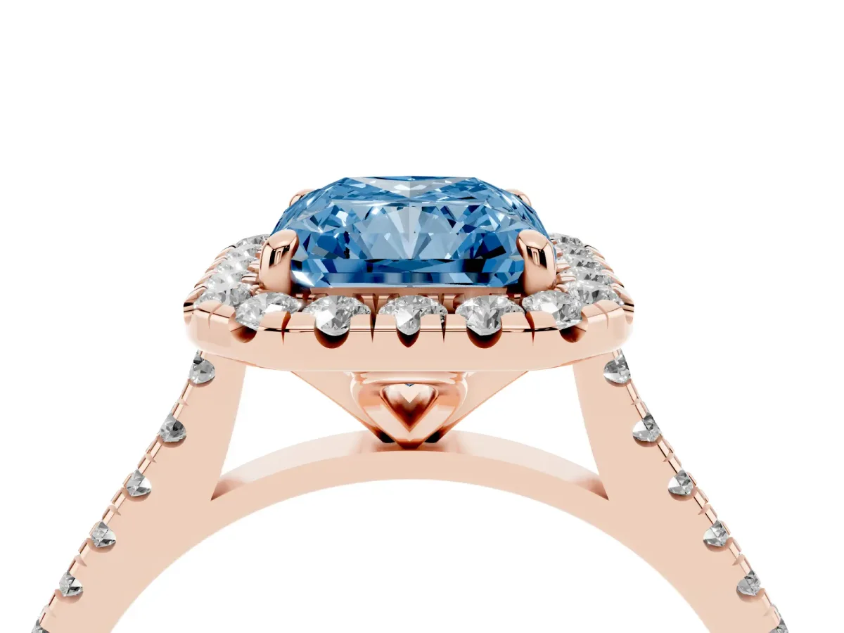 Fancy Blue Radiant Cut Diamond Cushion Halo Ring with Pavé Band Rose gold