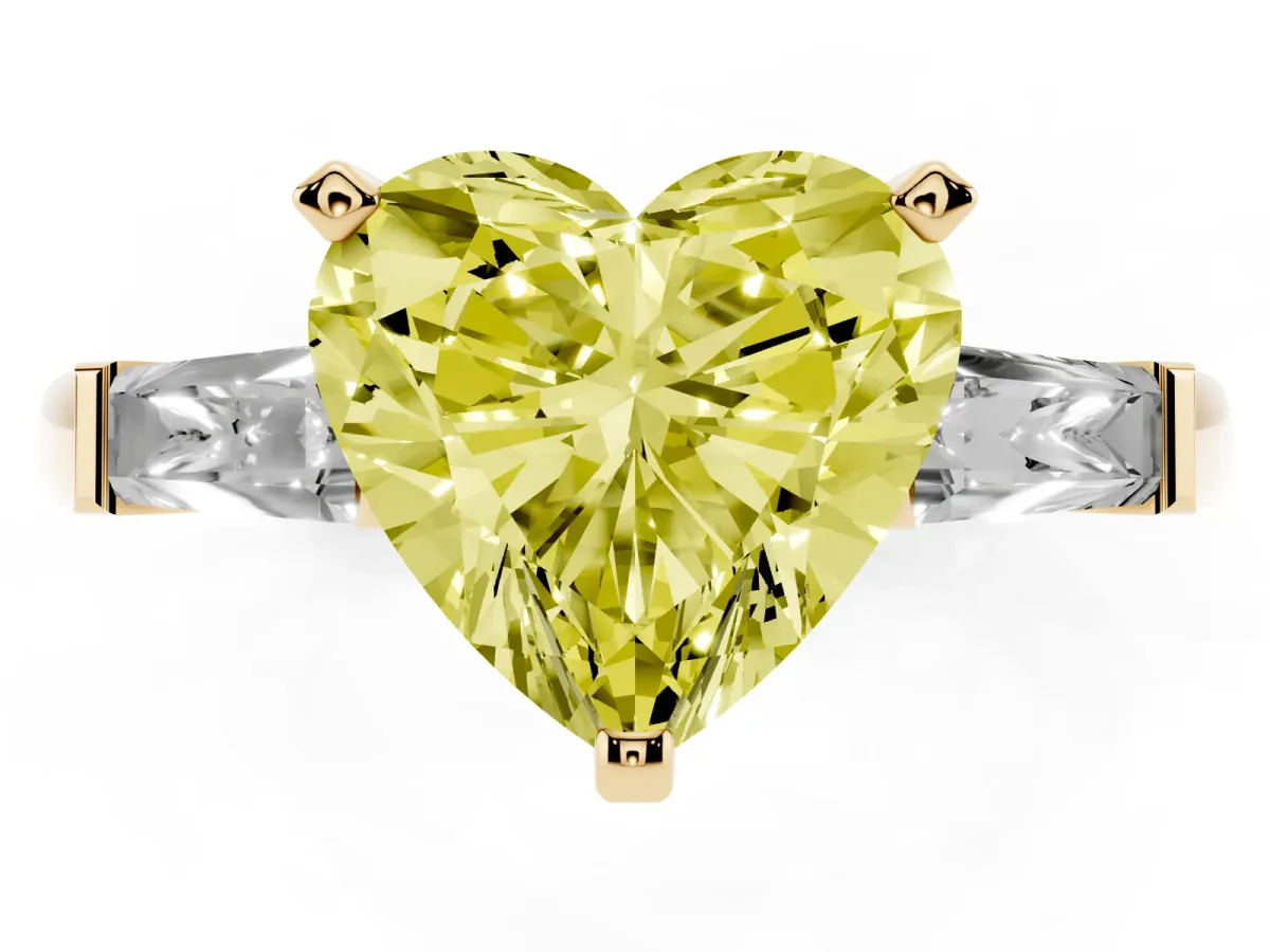 Fancy Yellow Heart Cut Solitaire with Tapered Baguette Side Stones on a Classic Band with Four-Prong Setting Yellow gold
