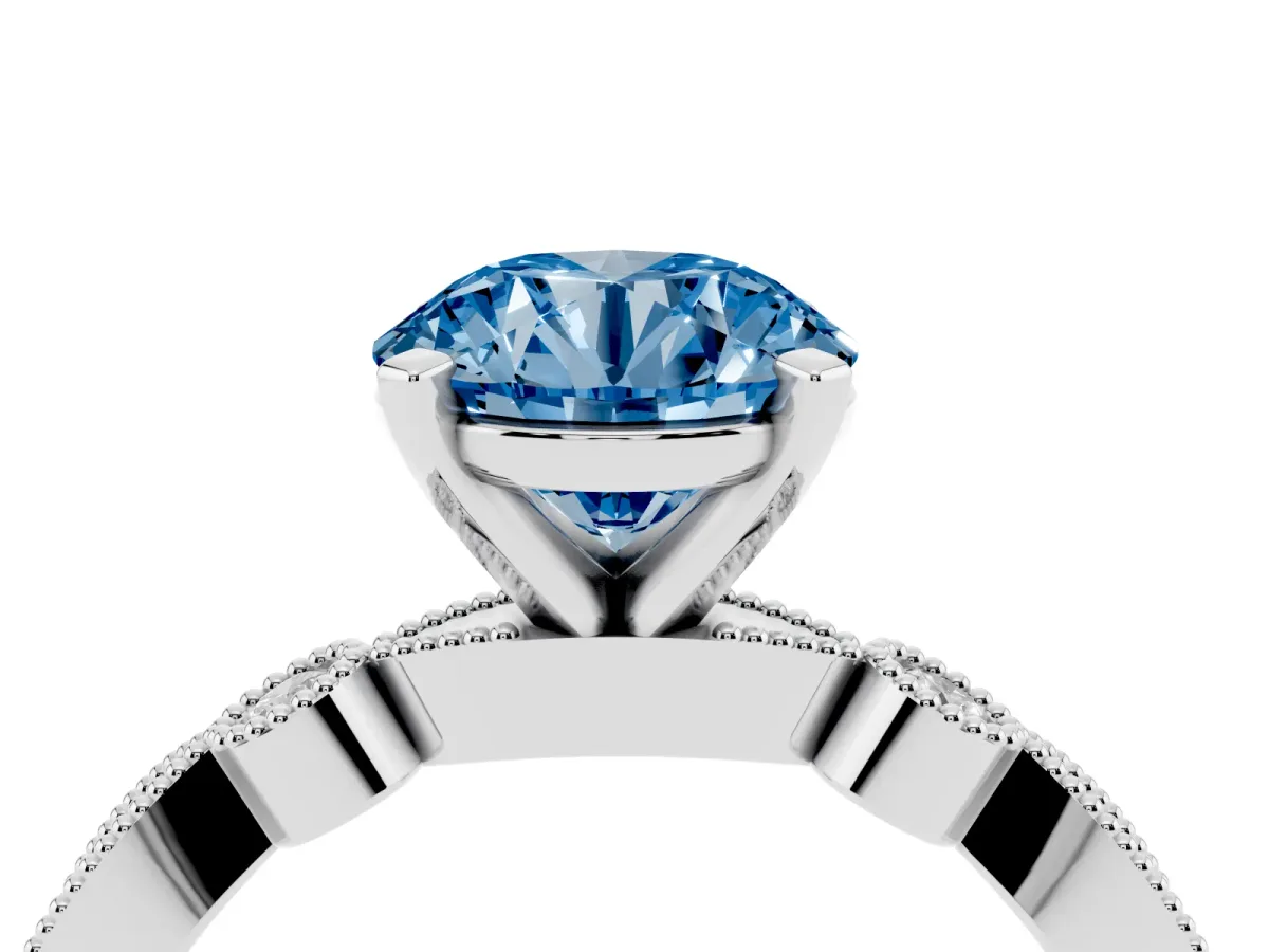 Fancy Blue Round Cut Milgrain Bezel Diamond Engagement Ring with Solitaire Prong Setting Platinum