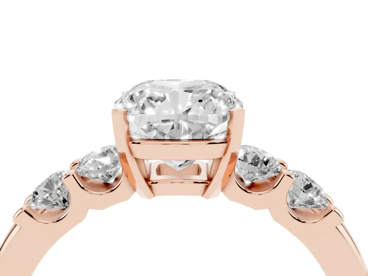 Cushion Cut Brilliant Cut Diamond Five-Stone Prong Set Engagement Ring with Channel Band Rose gold