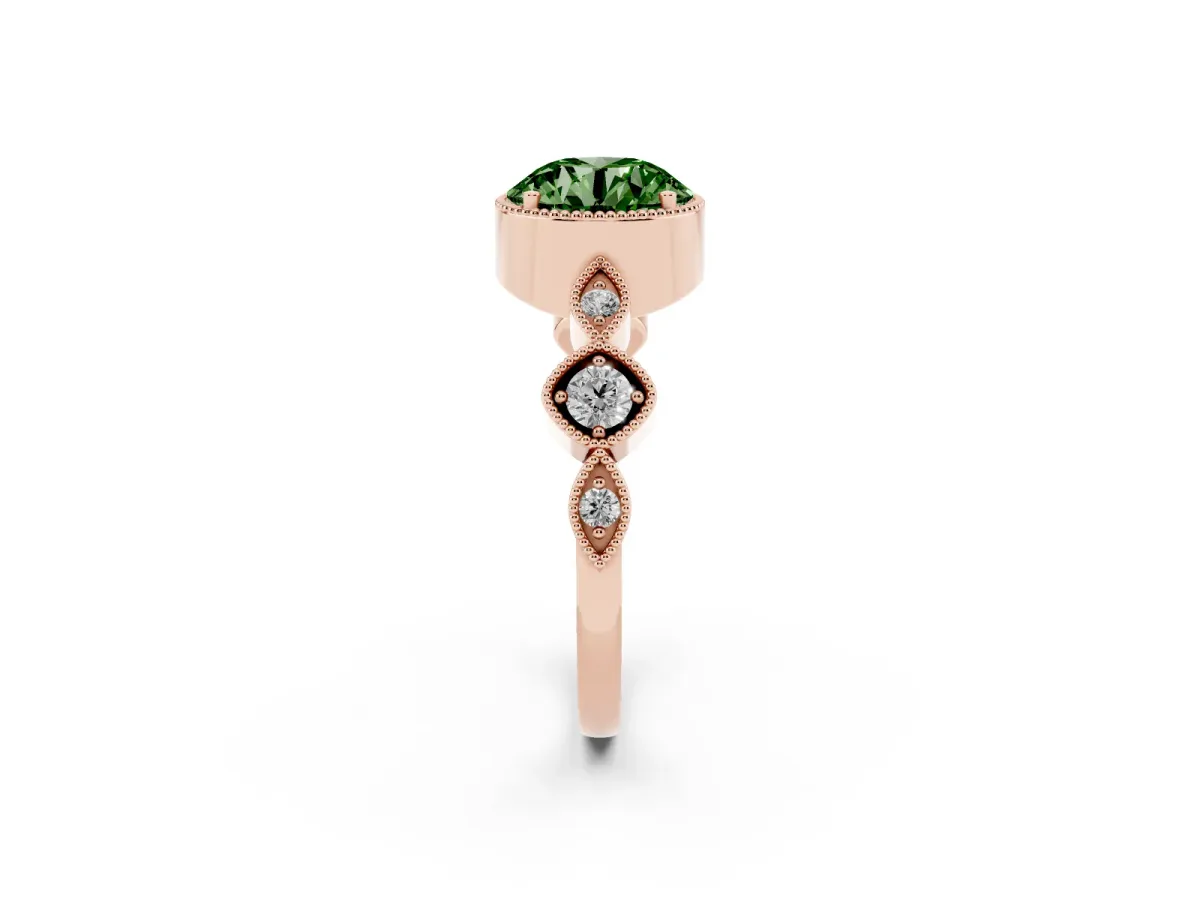 Fancy Green Round Cut Diamond Vintage Milgrain Ring with Round Stations Rose gold