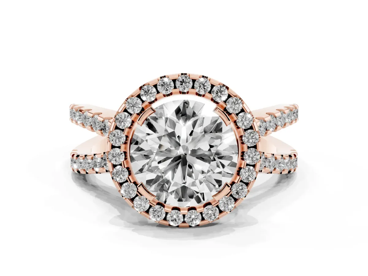 Round Cut Diamond Halo Ring with Split Shank Pavé Band and Prong Setting Rose gold
