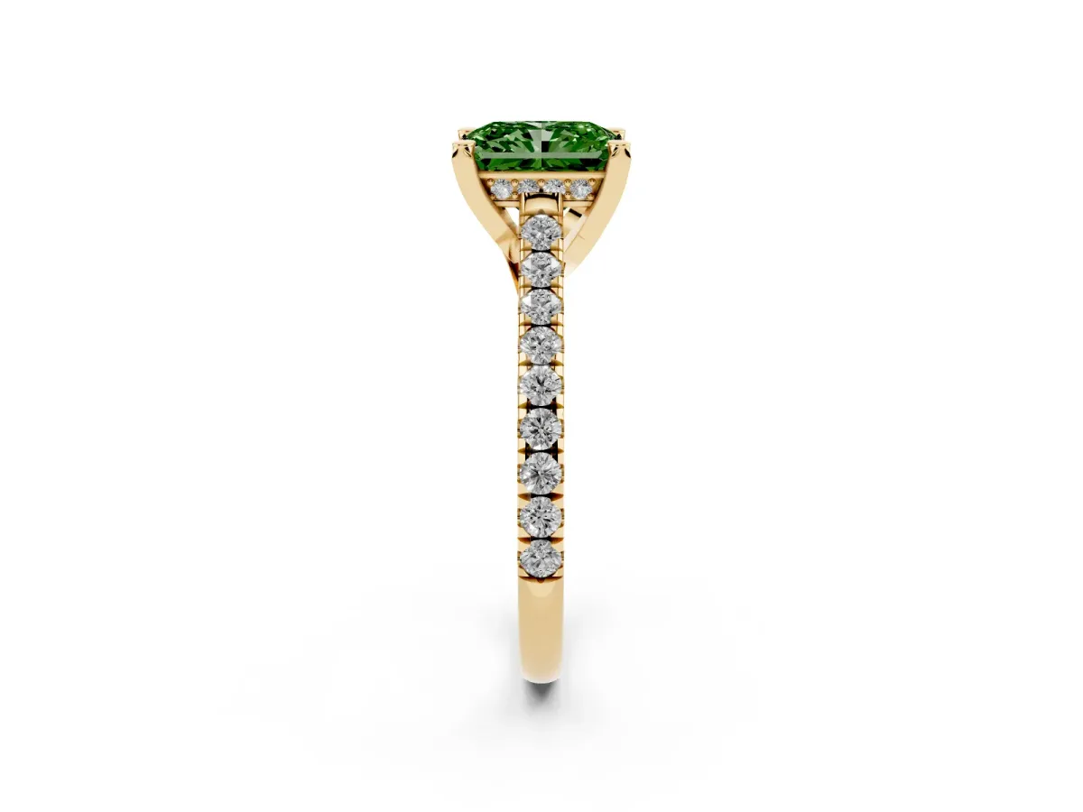 Fancy Green Radiant Cut Brilliant Diamond Solitaire with Pavé Band and Four-Prong Setting Yellow gold