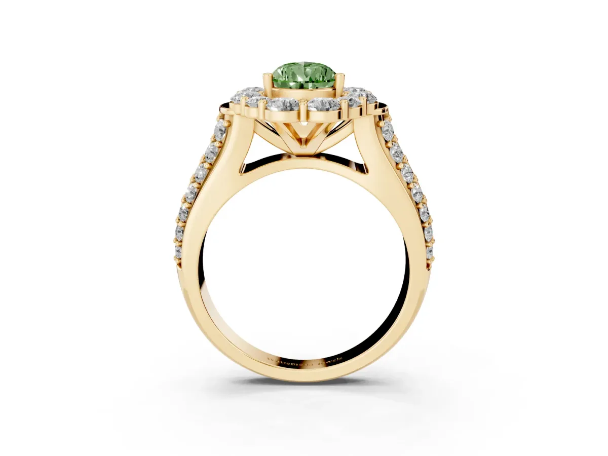 Fancy Green Pear Cut Halo Diamond Engagement Ring with Split Shank and Prong Setting Yellow gold