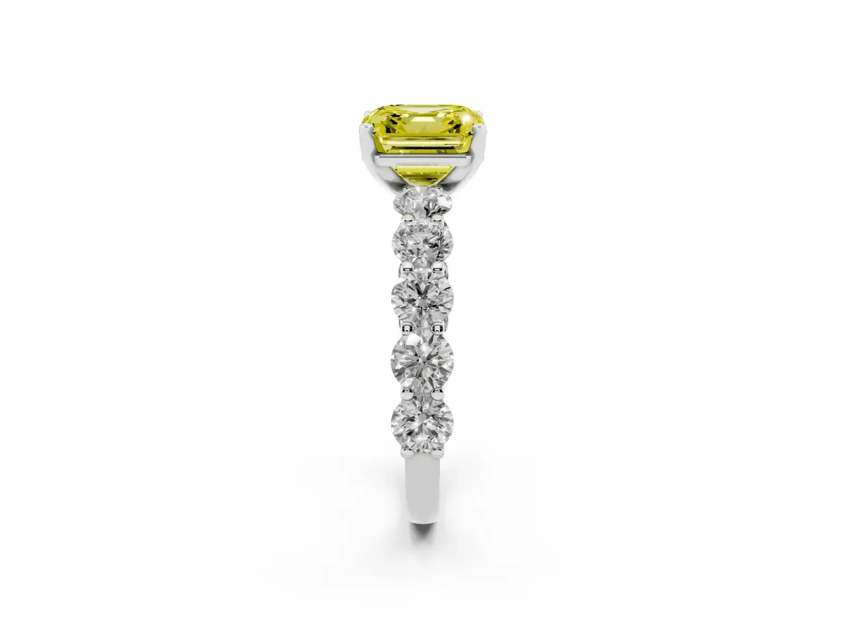 Fancy Yellow Asscher Cut Diamond Prong Setting with Side Stones on a Pave Band Silver