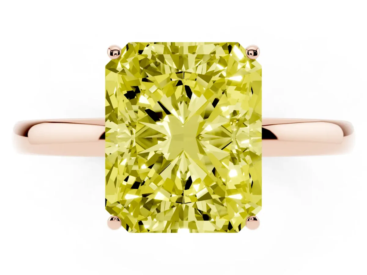 Fancy Yellow Radiant Cut Solitaire Diamond Ring with Prong Setting and Plain Band Rose gold