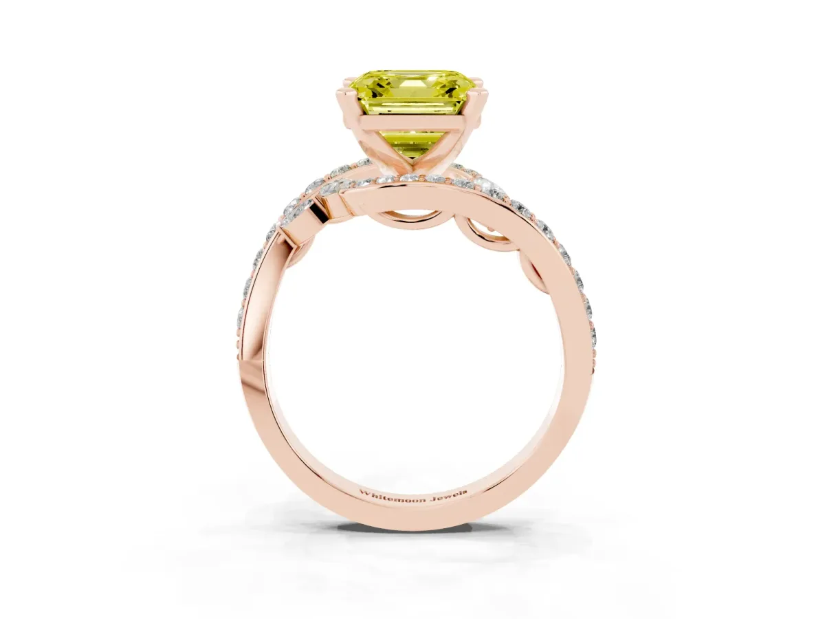 Fancy Yellow Asscher Cut Solitaire with Pavé Twist Band and Four-Prong Setting Rose gold